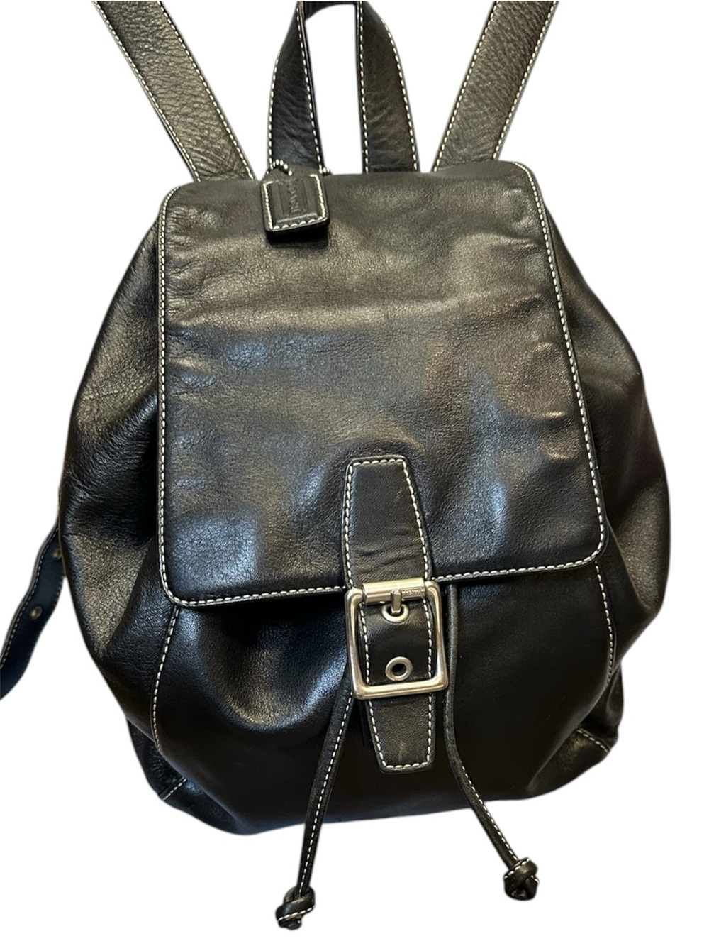 Coach 9659 Black Leather Mini Backpack White Stitch Drawstring Y2K